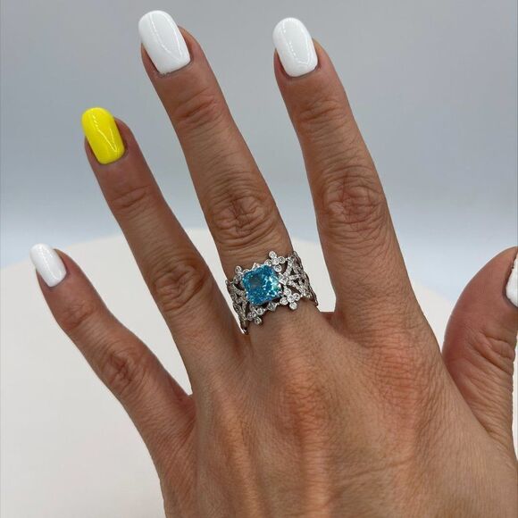 New, no tags, solid sterling, aquamarine, diamonds, intricate silver setting - Picture 3 of 12